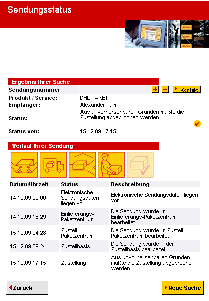 Sendungsstatus vom 18.12.2009